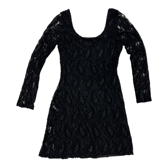 CURE Black Lace Bodycon Mini Dress Medium Scoop Back Long Sleeve Glitter Sheer - Picture 6 of 15